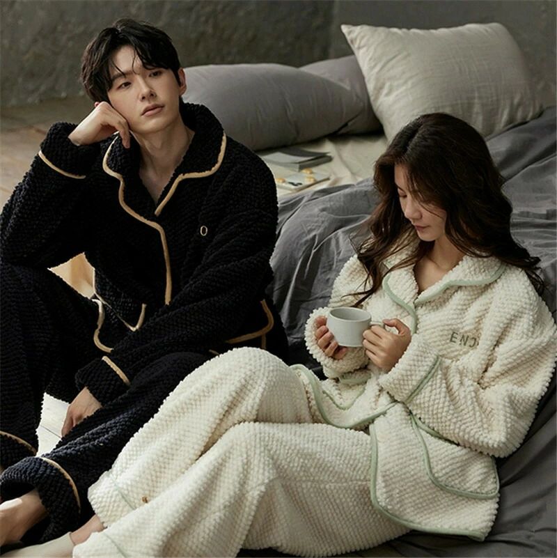 ルー ペア おしゃれ 前開き セットアップ 無地? 防寒 秋冬 パジャマ カップル 裏起毛 セット 男女2着 ..