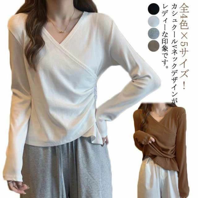 Rakuten - 全4色×5サイズ！Tシャツ カシュクールトップス 送料無料 カットソー Vネック サイドボタン付き tシャツ 長袖 トップス カシュクール スリム タイト ギャザー おしゃれ 着痩せ 無地 春 春服 秋 秋服
