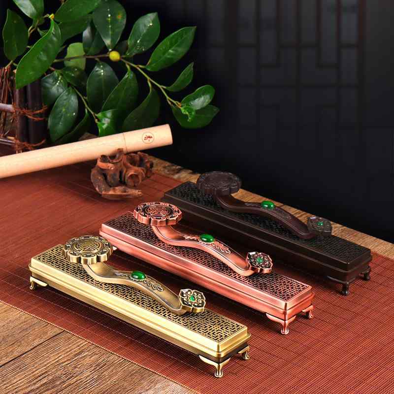 incense Burners - お香立て 横置き 線香立て 沈香対応 金属製 電気メッキ加工 如意 中華風 禅スタイル おしゃれなインテリア 家庭用 室内 茶室 書斎 リビング 置物 アジアン雑貨 21cm