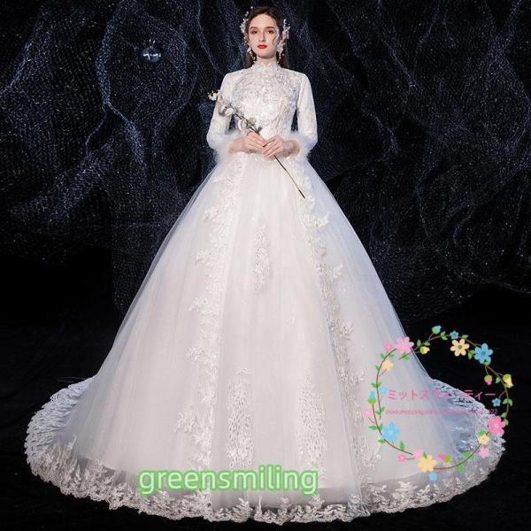 ウェディングドレス 白 結婚式 花嫁 二次会 長袖 プリンセス 冬 春ウエディングドレス ロングドレス ブライダル 披露宴 エレガンス wed..