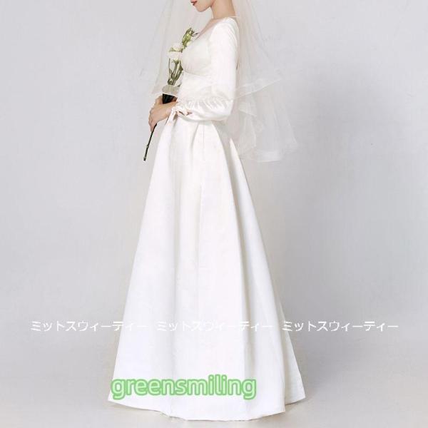 Rakuten - ウェディングドレス ロングドレス 結婚式 ウエディングドレス 長袖 Aラインドレス 二次会 花嫁 前撮り エレガント サテン ホワイト シンプル リゾート 披露宴