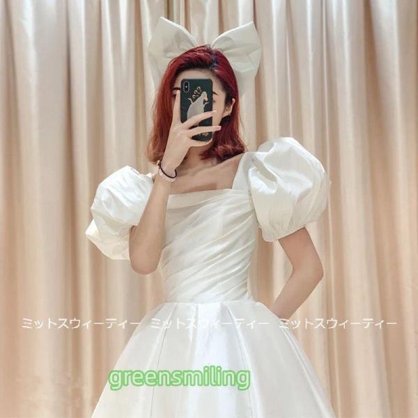 ウェディングドレス プリンセスラインドレス ミモレ丈 パフスリーブ ウエディングドレス 二次会 花嫁 パーティードレス 披露宴 ブライダル 結婚式 演奏会