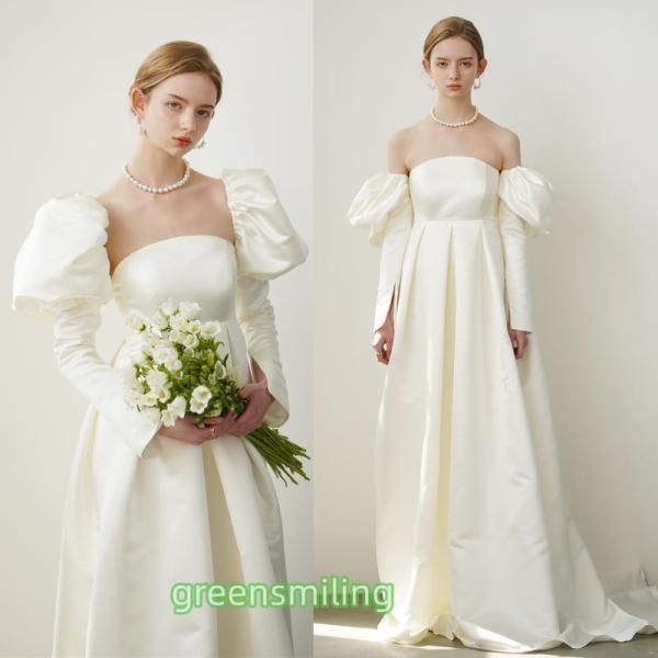 ウェディングドレス ウエディングドレス マタニティドレス 二次会 結婚式 前撮り ブライダル ロングドレス 花嫁 エンパイア 白 ハイウエスト 長袖 パフスリーブ