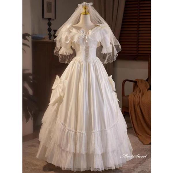 ウェディングドレス ロングドレス プリンセスドレス フリル リボン 半袖 パフスリーブ 二次会 結婚式 前撮り 花嫁 ウエディングドレス サテン ブライダル