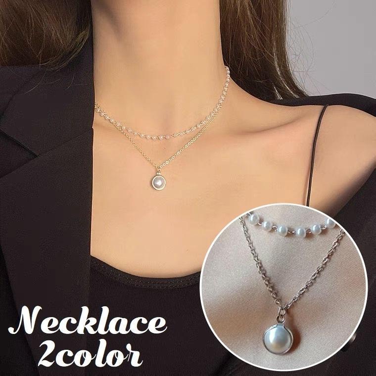 ネックレス ペンダント レディース アクセサリー 2連 重ね付け風 チェーン パール調 華奢 細身 円形 ラウンド サークル カジュアル フォーマル