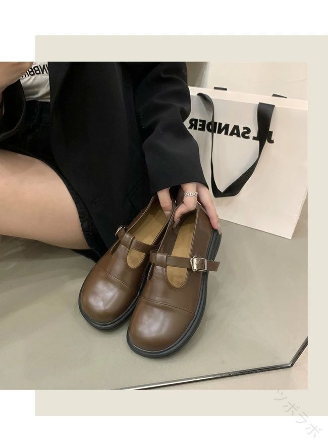 レディース フラットシューズ ローファー PU ローファー 幅広 T ストラップシュー...