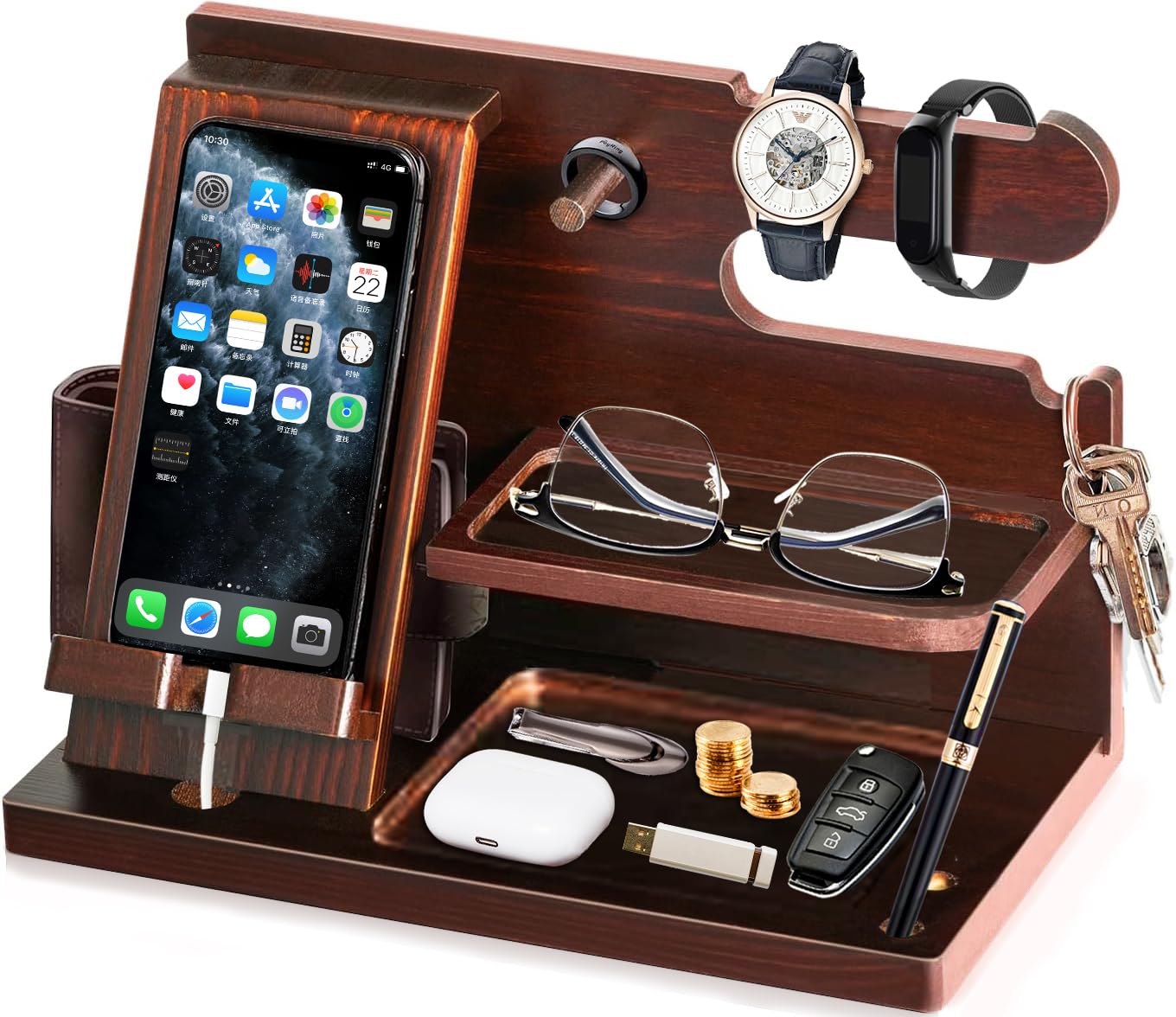 Organize Goods - 誕生日プレゼント 男性 父の日プレゼント スマホスタンド 木製 父親誕生日プレゼント スマホ置き ペン立て 誕生日贈り物 メンズ ギフト ガジェット おもしろ 記念日 プレゼント 彼氏 腕時計 スタンド メガネスタンド ペンスタンド デスクオーガナイザー 小物収納