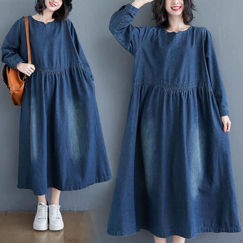 Rakuten - ワンピース 春 春夏 レディース デニムワンピース デニム ロング マキシ丈 ルームウェア Aライン きれいめ 可愛い リゾート カジュアル 長袖 大きいサイズ 夏 秋 秋冬 森ガール 体型カバー ゆったり ナチュラル シンプル
