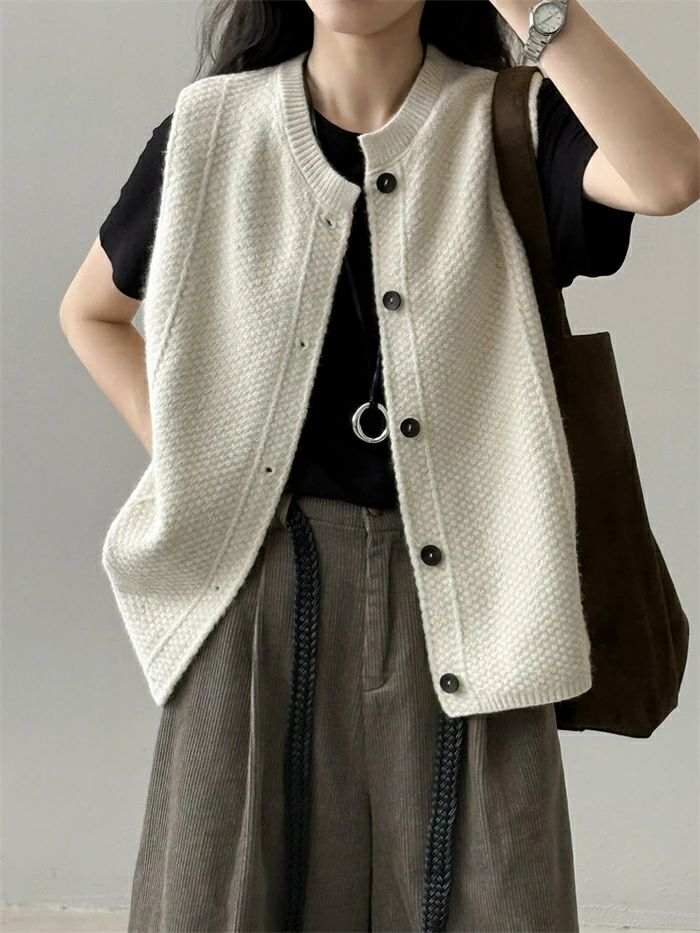 ト カットソー クルーネック 重ね着 前開き 無地 ノースリーブ ニットカーディガン ベスト ニット 秋冬 レディース カーディガン 2