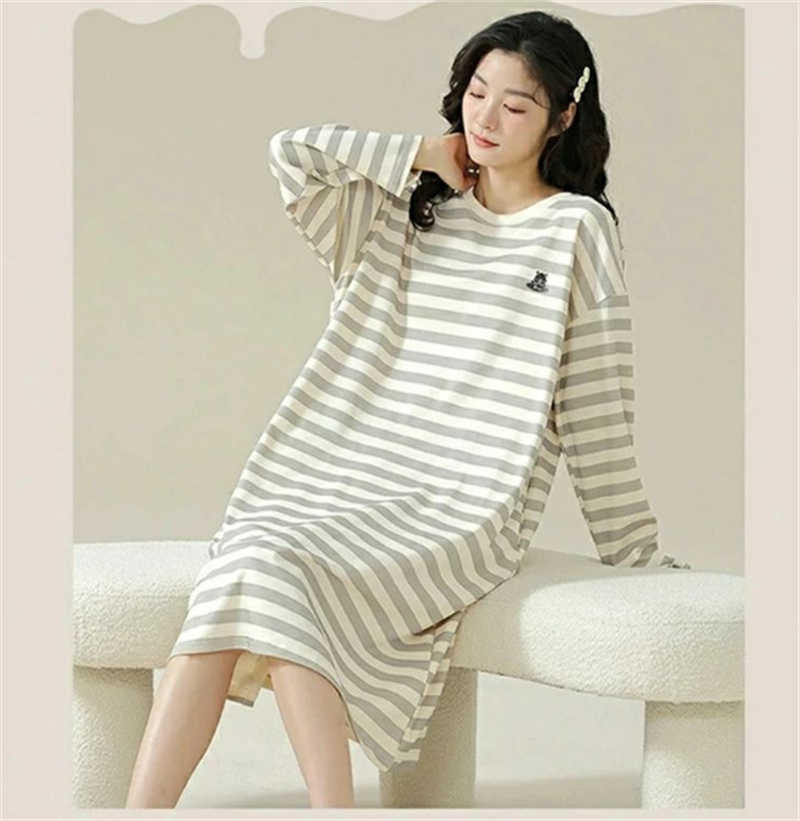 春 冬 秋 かわいい おしゃれ 部屋着 コットン ブラカップ付き パジャマ レディース 長袖 ボーダー ストリッシュ ルームウェア ワンピース カップ付き