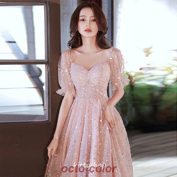 結婚式ドレス 二次会ドレス ピンク ミモレ丈ドレス パフスリーブ 可愛いドレス 成人式ドレス 同窓会 ミディアム丈ドレス スパンコール パール キレイめ Aライン