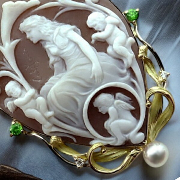 カメオブローチ&ネックレス 18金 デザイナーズ ダイヤ 本真珠 パール 希少石 デマントイドガーネット カリファーノ作 女性像と天使 エンジェル アクセサリー...