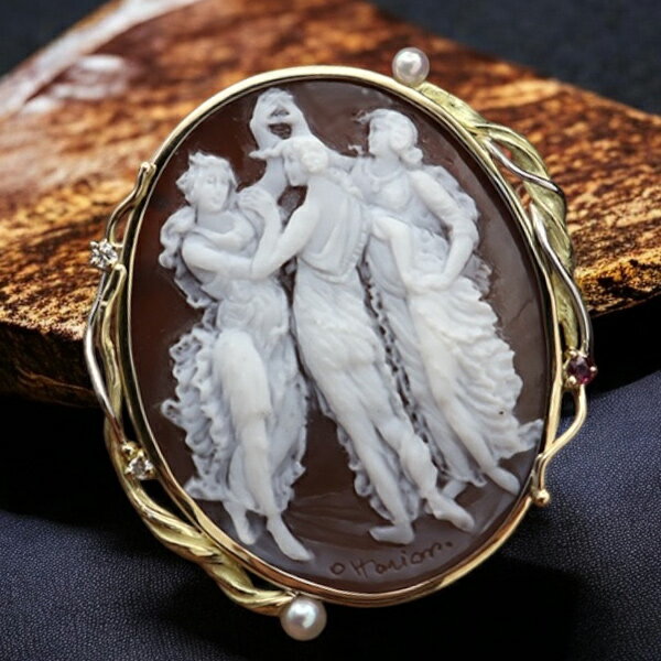 カメオブローチ&ネックレス 三美神 18金 プラチナ ダイヤ 本真珠 アンティークデザイン 巨匠オッタビアーノ作 シェルカメオ カメオ アクセサリー 高級 ギフ...