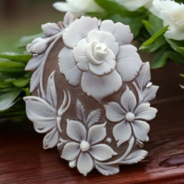 カメオブローチ&ネックレス SV 大きなお花のカメオ シェルカメオ ロマーノ氏製作 立体的なお花カメオ レザーネックレス付 カメオ アクセサリー 高級 ギフト ...