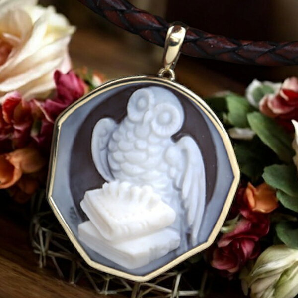 カメオネックレス製品 18金ゴールド枠 フクロウ 梟 ガリオーネ作 立体彫刻のカメオ作品 イタリア製カメオ カメオペンダントトップ製品 アクセサリー 高級 ギフ...