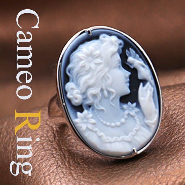 カメオリング メンズ&レディス 美しい女性人物像と妖精 メノウカメオ Silver 重厚リング枠 ドイツ製のカメオ カメオ アクセサリー 高級 ギフト お誕生日...