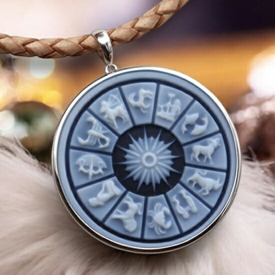 カメオネックレス 時を刻む12星座 メンズ&レディス Silver枠付きのカメオペンダント ダークブルー ドイツ製 ストンカメオ レザーネックレス付き カメオ ...