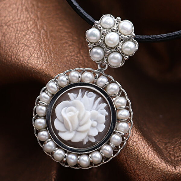 カメオネックレス 真珠 パール取り巻き イタリア製 シェルカメオ お花のカメオ バルザーノ氏製作 Silver デザイナーズペンダント カメオ アクセサリー 高...