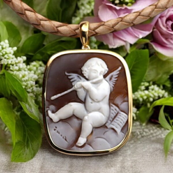 カメオネックレス 18金 ゴールド枠 フレーシア作 ペンダントトップ 天使 エンジェル イタリア カメオ アクセサリー 高級 ギフト お誕生日 プレゼントにもオ...