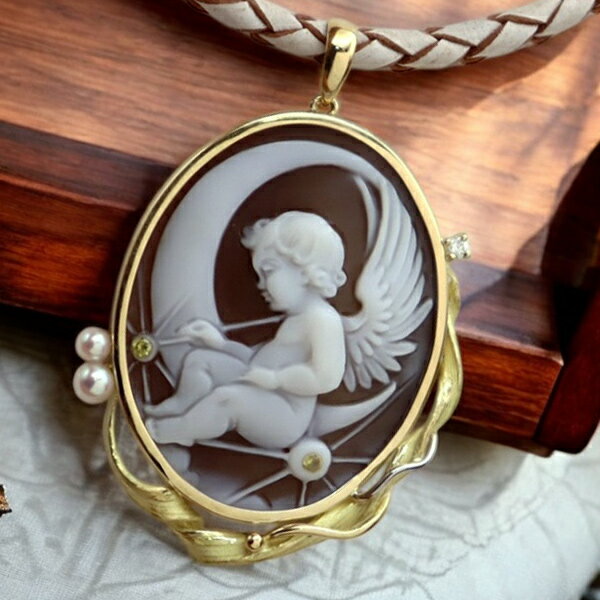 カメオネックレス 18金 Pt900 天使 エンジェル お月さん 三日月 星 デザイナーズ 本真珠 ダイヤ イタリア 彫刻家シモネッリ カメオ アクセサリー 高...