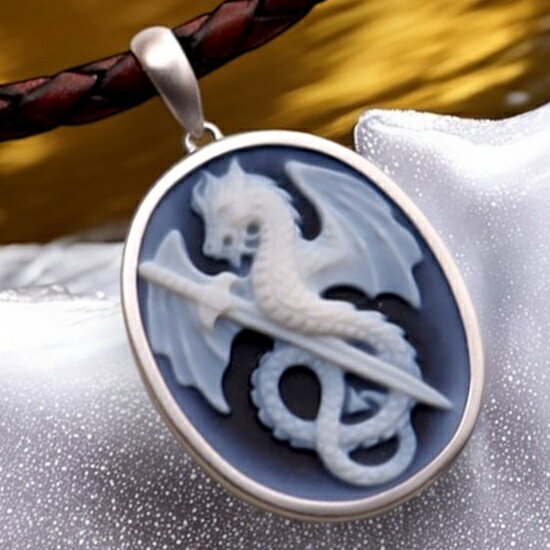 メノウカメオペンダント&ネックレス ドラゴンと剣 メンズ&レディス G-DRAGON 18金ホワイトゴールド ドイツ製 上品&高品質&低価格 オシャレ レザーネ...