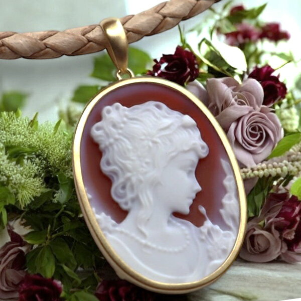 メノウカメオペンダント&ネックレス 美しい女性人物像のカメオ G-DRAGON 18金ゴールド枠 ドイツ製 上品&高品質&低価格 オシャレ レザーネックレス付 ...