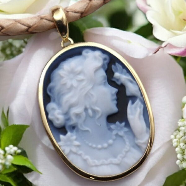 メノウカメオペンダント&ネックレス 美しい女性人物像のカメオ G-DRAGON 18金ゴールド枠 ドイツ製 上品&高品質&低価格 オシャレ レザーネックレス付 ...