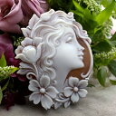 カメオブローチ&ネックレス 美しい女性像のカメオ シェルカメオ ロマーノ作 SV裏板枠 立体的な女性像とお花の彫刻 レザーネックレス付 カメオ アクセサリー 高...