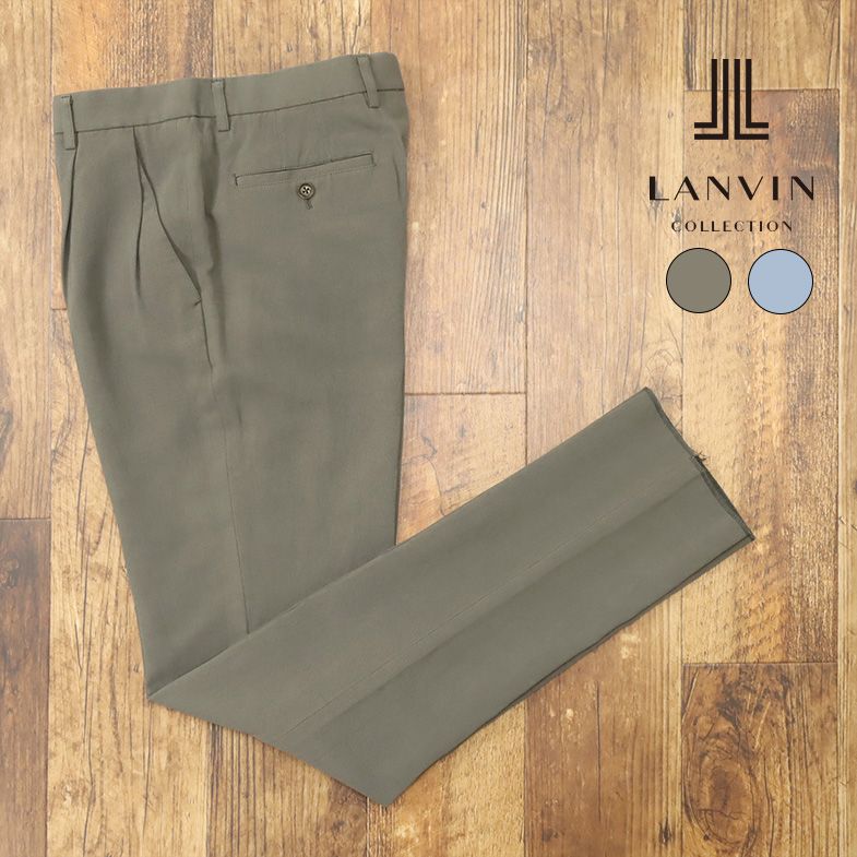 LANVIN COLLECTION スラックス パンツ さっぱり清涼 リネン ツイル 無地 ツータック 日本製 ウォッシュ加工 脚長 メンズ リゾート ラフ ヌケ感