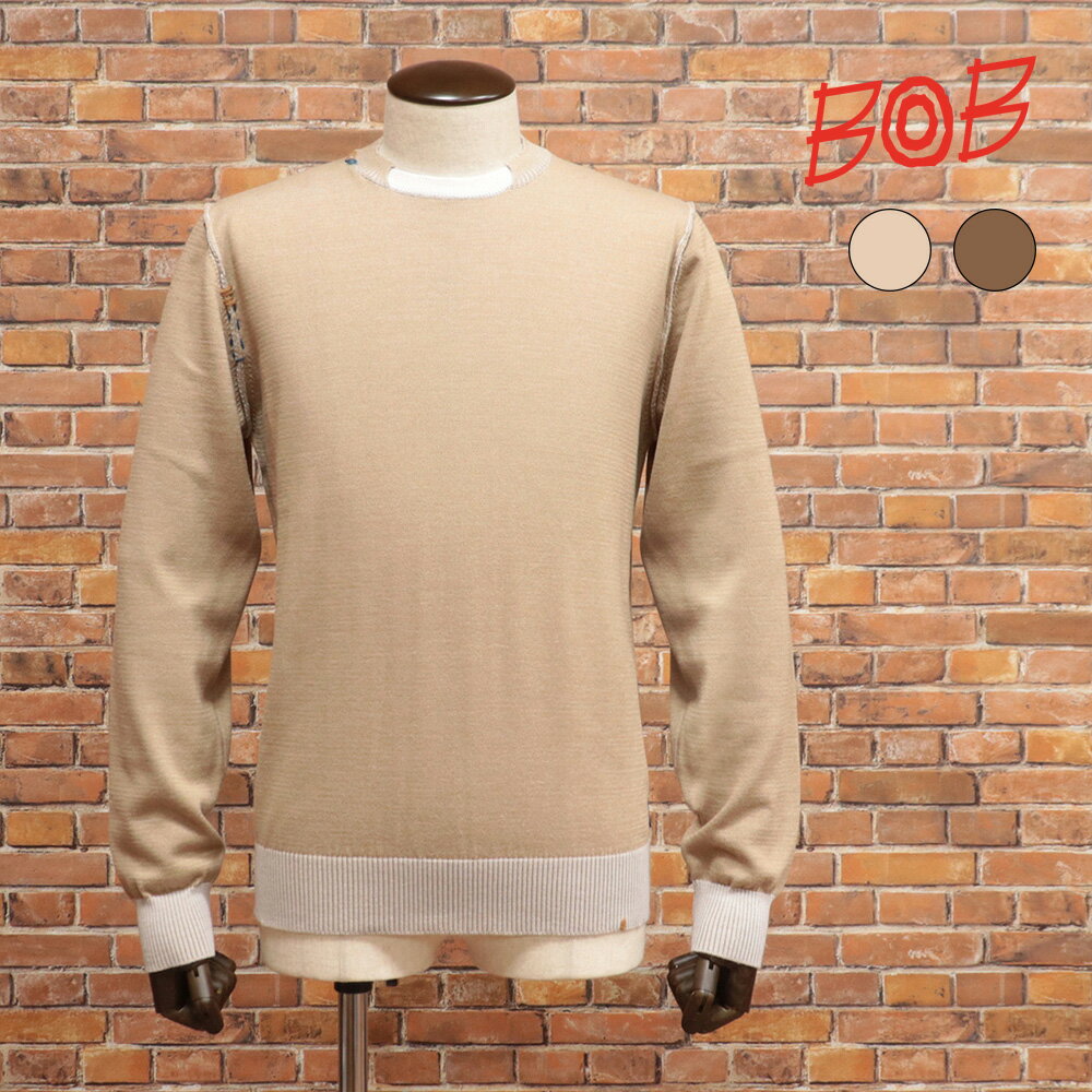 【期間限定ポイント10倍】秋冬 BOB 丸首ニット 074731735 綿ウール混ハイゲージ 無地 ハンドメイドステ..