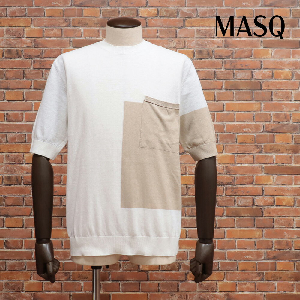 【期間限定ポイント5倍】25SS MASQ 半袖サマーニット M5425-3200 サマーニット 清涼リネン混 胸ポケット カラー切替 イタリア製 今期 イタリアブランド【kf177-36300TAF】