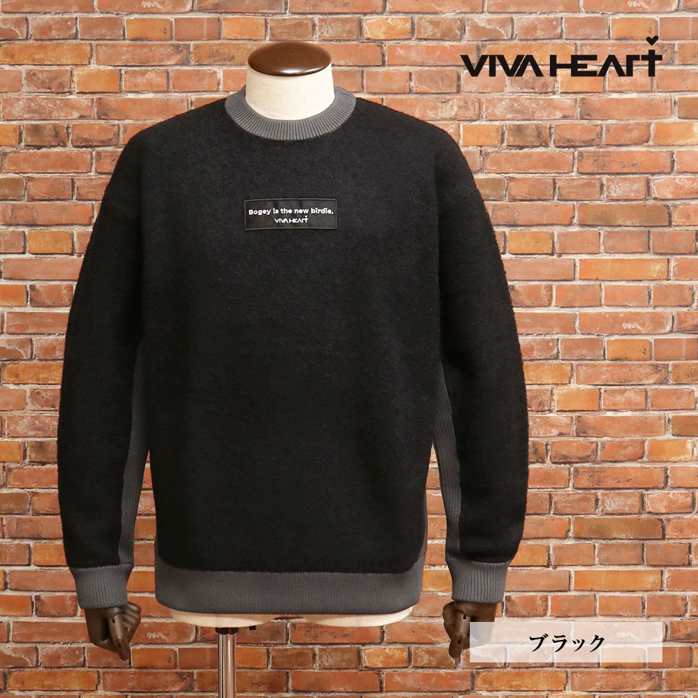 秋冬 VIVA HEART クルーネックニット 011-19011 ブークレー モコモコ やわらか 切替 ゴルフ 街着 メンズ 紳士 ビバハート【mc127-20900TAF】