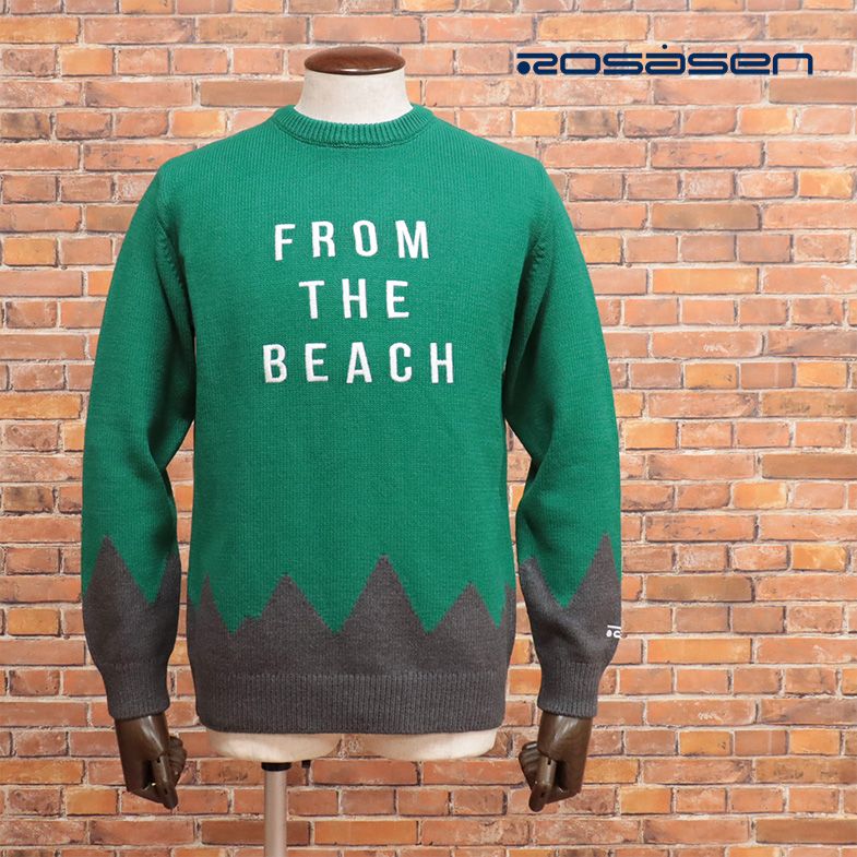 秋冬 Rosasen 丸首ニット ふっくら ミドルゲージ メッセージ刺繍 インターシャ編み カラー切替 ゴルフ セーター かわいい メンズ 30代 40代【jd232-18700TAF】