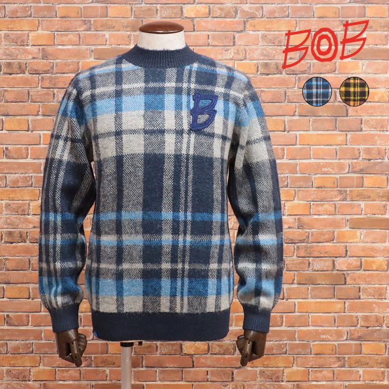 23秋冬 BOB モックネック ニット ほっこり ジャガード チェック柄 Bアップリケ セーター レトロ クラシック お洒落 メンズ ボブ ハイランク【jb323-30800TAF】