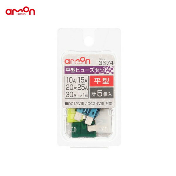エーモン 平型ヒューズセット 10/15/20/25/30A 交換 約19×19×5mm DC12V/24V 車 3674