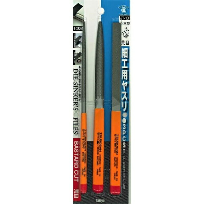 鉄をはじめ、銅、真鍮、アルミ、プラスチックなどの研削に商品名：TSUBOSAN 細工用ヤスリセット 平/半丸/丸 荒目 5本型JANコード：4518007002126品番：ST-13形状：平／半丸／丸目の種類：荒目刃長：110mmサイズ：5本組商品説明鉄をはじめ、銅、真鍮、アルミ、プラスチックなどの研削に商品名：TSUBOSAN 細工用ヤスリセット 平/半丸/丸 荒目 5本型JANコード：4518007002126品番：ST-13形状：平／半丸／丸目の種類：荒目刃長：110mmサイズ：5本組