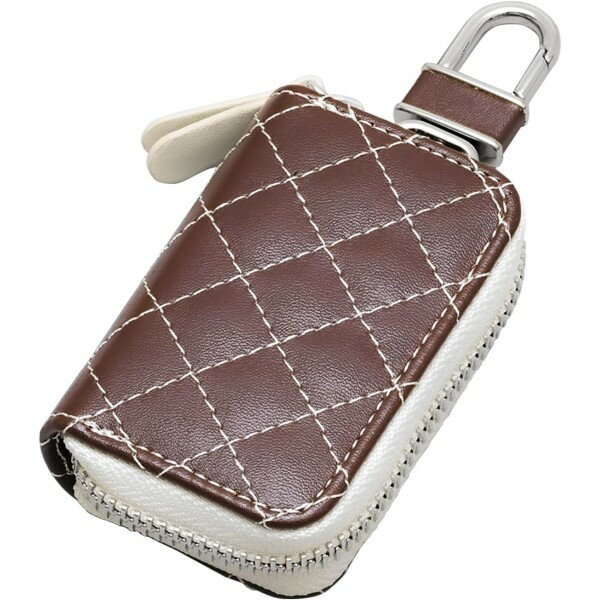 キルト スマートキーケース 鍵入れ カラビナフック 傷防止 ブラウン 落下防止チェーン付 コインポケット シンプル コンパクト 車 セイワ WA116
