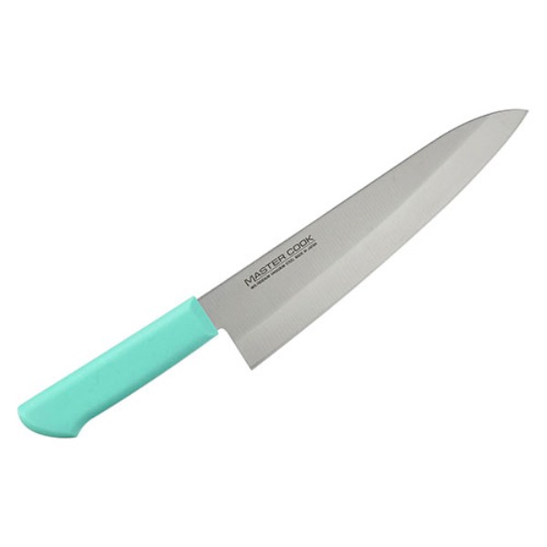 モリブデン・バナジウム鋼の刃に、抗菌樹脂製ハンドルをセットした衛生的なシリーズです。料理、魚などの調理。■商品説明モリブデン・バナジウム鋼の刃に、抗菌樹脂製ハンドルをセットした衛生的なシリーズです。料理、魚などの調理。刃物鋼では最高級のモリブデン・パナジウム鋼を使用し、豊富なカラーバリエーションで用途ごとの使い分けも可能です。砥石による本格的な刃付けを施し、鋭い切れ味を長く持続させます。プロの技術者により、本刃付けする前に研ぎなおしを容易にするため、水砥の荒砥・中砥を使用し、刃基を研ぎ出してあります。1050度で焼入れ後に、－73度以下に冷却する特別な処理により高い硬度と靭性を与え、切れ味を一段と高めてあります。抗菌剤が配合されたプラスチック製ハンドルです。日本国商品説明■商品仕様●シリーズ：マスターコック。●ハンドルカラー：グリーン。●刀身：モリブデンバナジウム鋼。●ハンドル：抗菌エラストマー樹脂。●刃渡り：240mm。●全長：375mm。●板厚：4.0mm。●メーカー：片岡製作所(新潟県燕市)。●刀身：モリブデンバナジウム鋼。●ハンドル：抗菌エラストマー樹脂。■注意事項用途以外に使用しないでください。刃物ですので十分注意して使用ください。お子様の手の届かない場所に保管してください。※ 商品・パッケージは予告なく仕様変更する場合があります。※ 掲載画像はすべてイメージです。予告なく変更する場合があります。