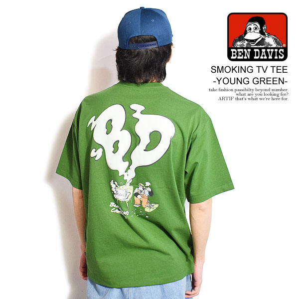 楽天ARTIFBEN DAVIS ベンデイビス SMOKING TV TEE -YOUNG GREEN- メンズ Tシャツ 半袖 バック プリント オーバーサイズ 送料無料 ストリート