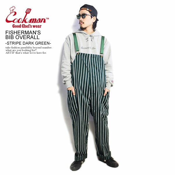 COOKMAN クックマン FISHERMAN'S BIB OVERALL -STRIPE DARK GREEN- メンズ フィッシャーマンズオーバーオール 送料無料 サロペット パ..