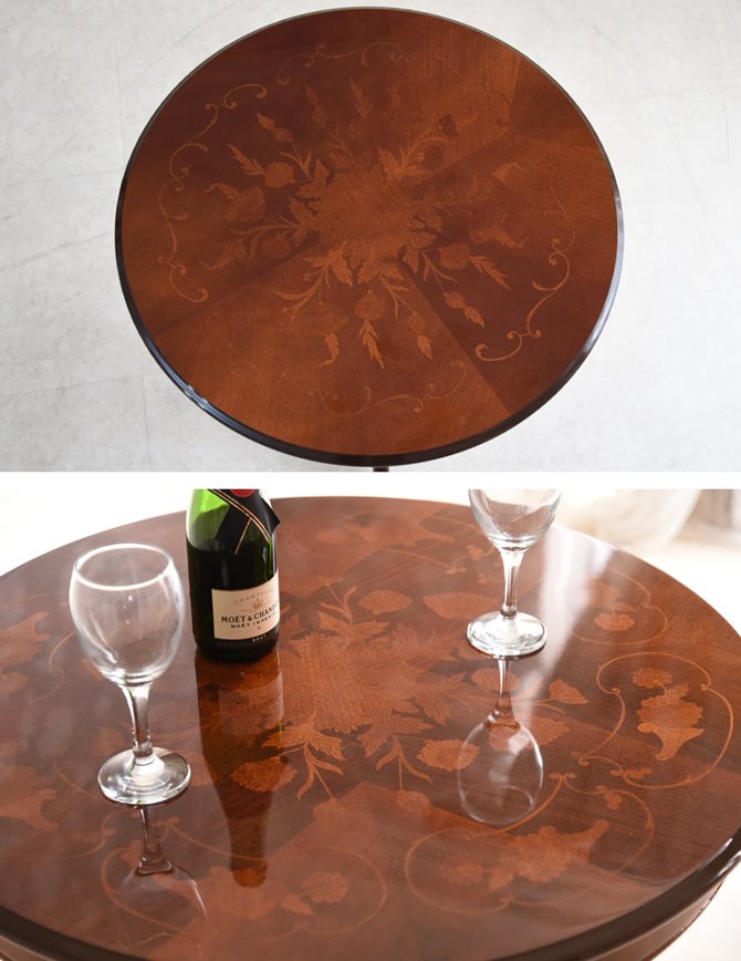 イタリア製 テーブル 猫脚 象嵌 直径70cm 茶 ブラウン 猫脚テーブル ヨーロピアン クラシック家具 アンティーク イタリア 輸入家具 家具 イタリア製 上質な違いの象嵌 70Φ猫足テーブル