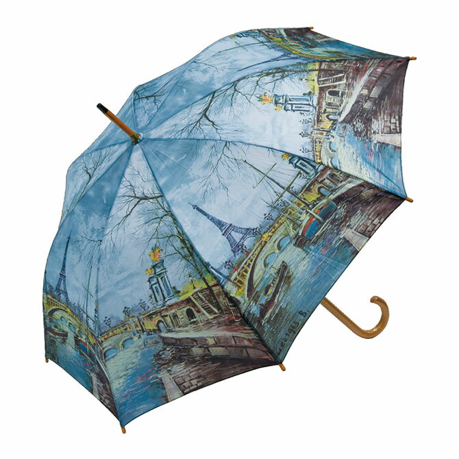【4%クーポン★GWセール】 名画木製ジャンプ傘(ジョルジュ B. 「エッフェル塔」)雨傘 レディース 長傘 木製ハンドル おしゃれ かわいい