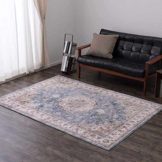 12/4(木)20時から【特別価格】 アンティーク絨毯風 プリント ラグ カメオ BL 約190×240 ロココ調 アンティーク調 ヨーロピアン クラシック マット ラグ カーペット 敷物 長方形 ブルー ホットカーペット対応 床暖房対応 ウォッシャブル