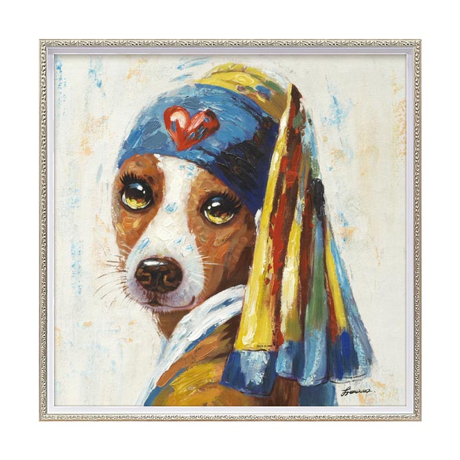 12/4(木)20時から【2,200円OFF】 オイル ペイント アート「青いターバンの犬(Mサイズ)」 インテリア雑貨 アンティーク風 アート額 アートフレー...