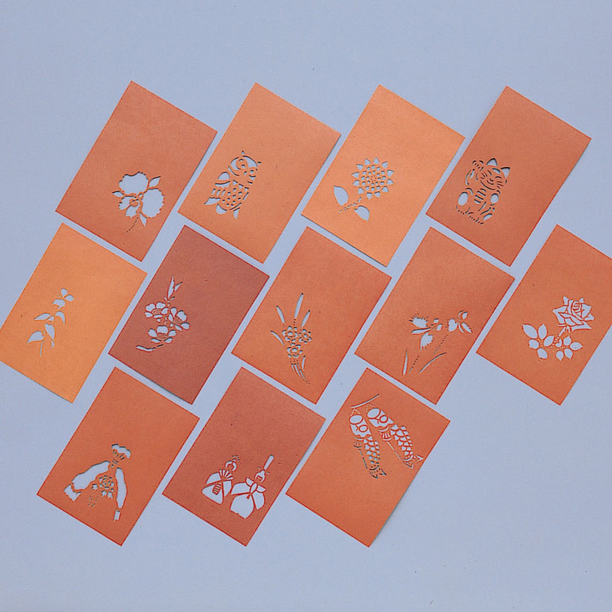 伊勢型紙 ステンシル型紙 はがき判 12種セット 渋紙 手彫り 四季の花