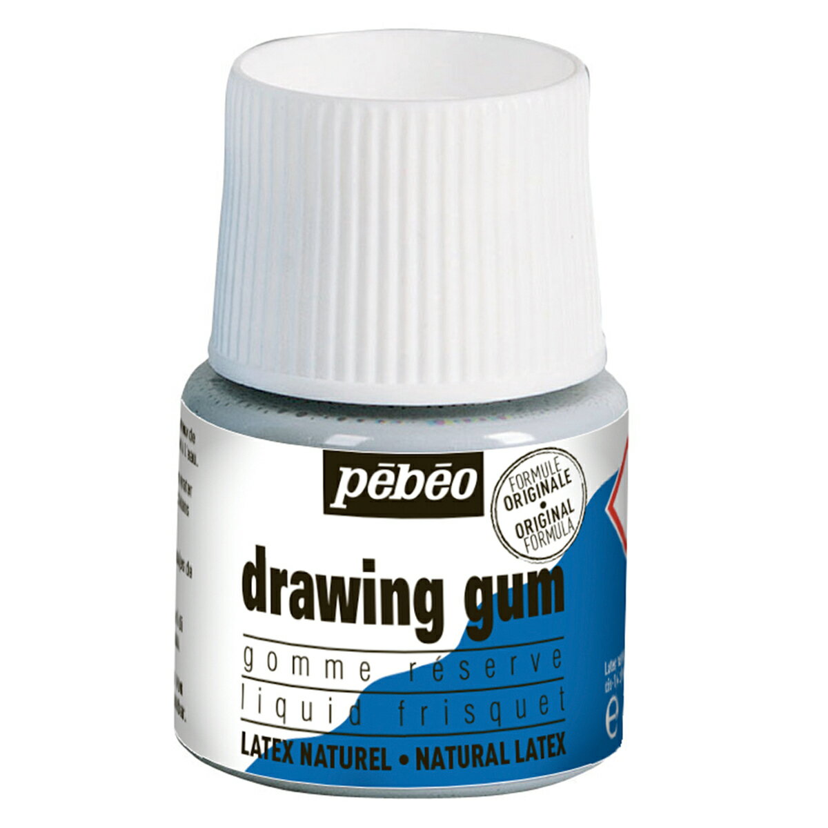 45mL ボトル入り 【使い方】 (1)マスキングしたい箇所に筆でドローイングガムを塗ります。 (2)約10分程度自然乾燥後、絵の具・インクを塗ります。 (3)乾燥したらドローイングガムを指や消しゴム等ではがします。
