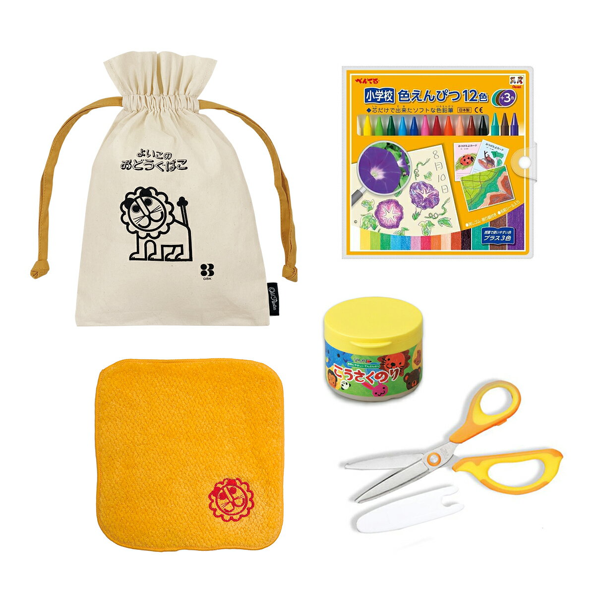 幼児〜小学生向け 文具3点 Old Resta巾着・タオルハンカチセット DEBIKAよいこのおどうぐばこ柄