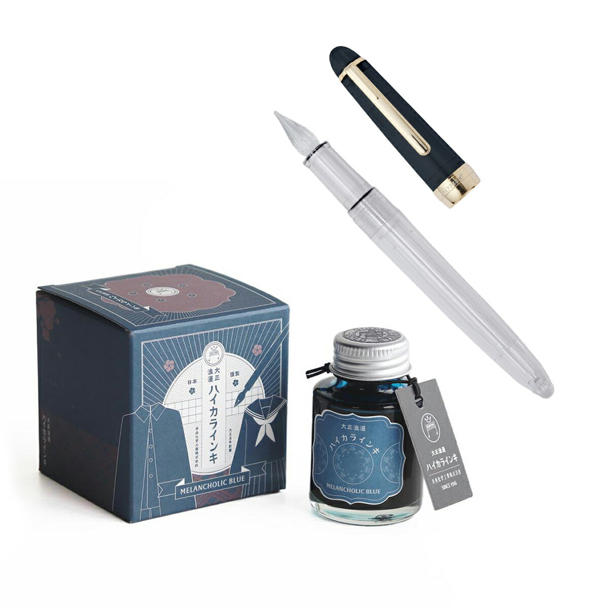 寺西化学工業 ギター 大正浪漫 ハイカラインキ メランコリックブルー Fonteガラスペン 本体+キャップ(ミッドナイトブルー) セット