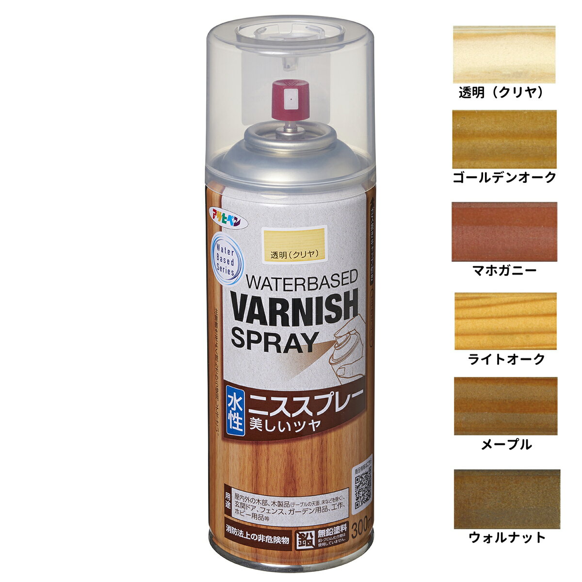 容量：300mL 成分：合成樹脂(アクリル変性アルキド)、水、有機溶剤、顔料(透明クリヤには含まず)、紫外線吸収剤(UVA) 屋内外区分：屋内外用 標準塗り面積：0.5〜0.8m2(2回塗り タタミ0.3?0.5枚分) 乾燥時間：夏期2〜3時間、冬期3〜6時間 屋内外の木部、木製品(テーブルの天面、床などを除く)、玄関ドア、フェンス、ガーデン用品、工作、ホビー用品等 着色と美しいツヤだしが同時にでき、木目を生かした美しいツヤに仕上がります。 塗膜の耐候性に優れ、屋外に使用できます。 紫外線吸収剤の配合により、素材の変色を抑制します。 水性で環境にやさしく、臭いが少ない。 非危険物(指定可燃物ではありません。)