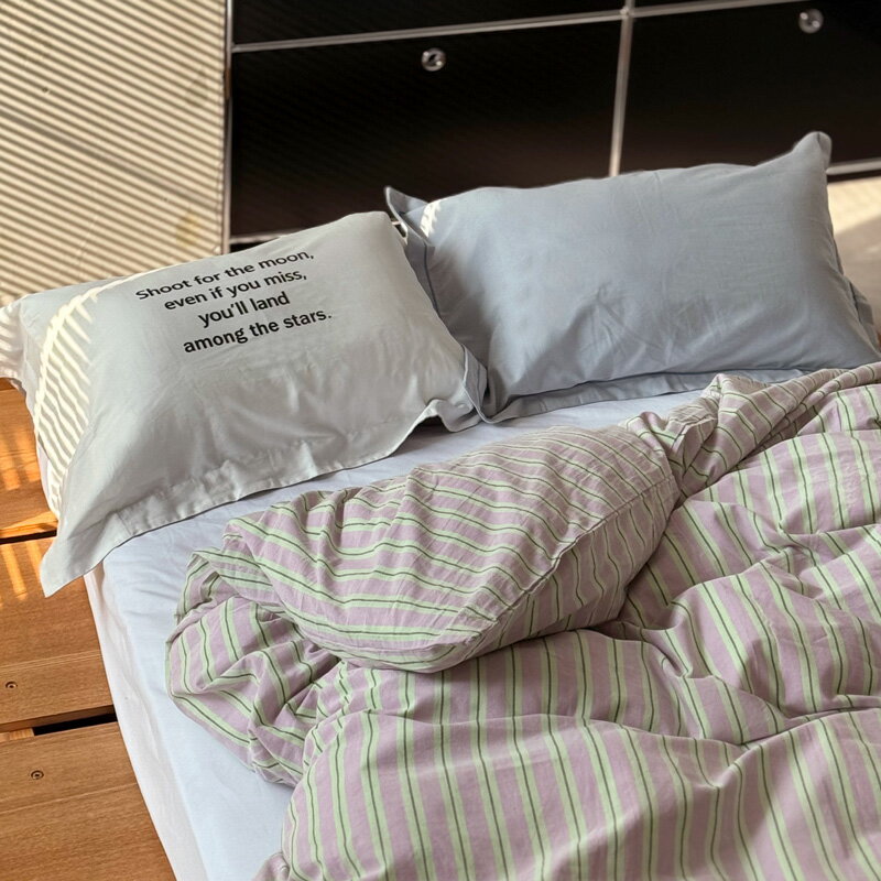 Proverb Pillow ＆ purple×green ストライプ 洗いざらしコットン 布団カバーセット【ART OF BLACK】